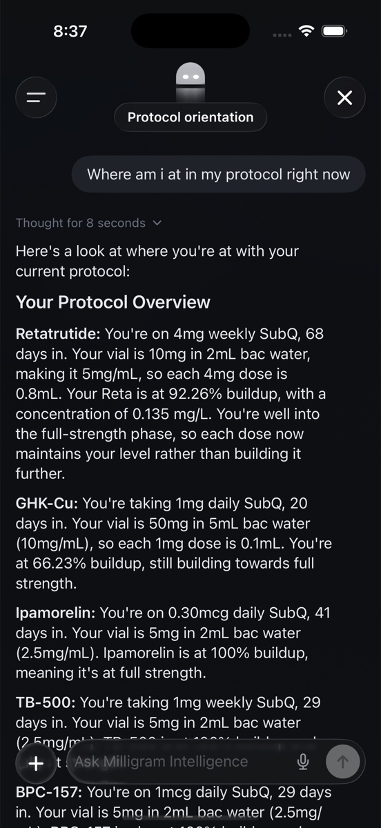 Milligram Intelligence chat showing protocol overview