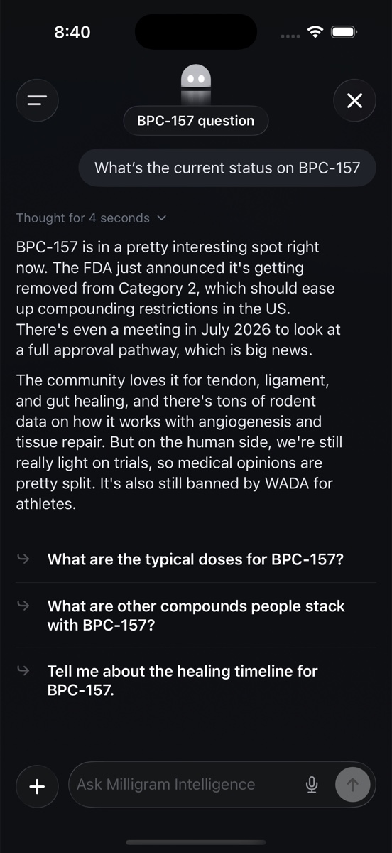 Milligram Intelligence chat showing BPC-157 status and follow-up suggestions