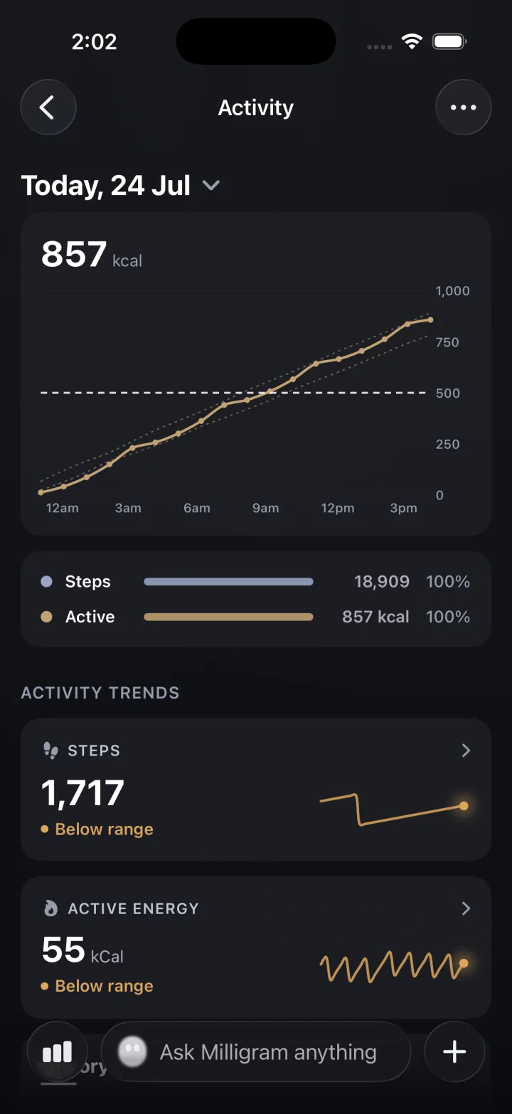 Activity: 857 kcal today with steps and active energy trends